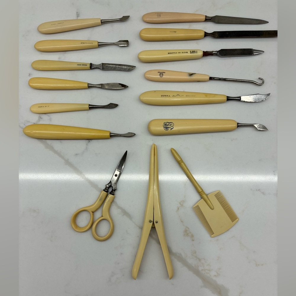 Vintage Antique Cream and Yellow Hand nail and tool Set